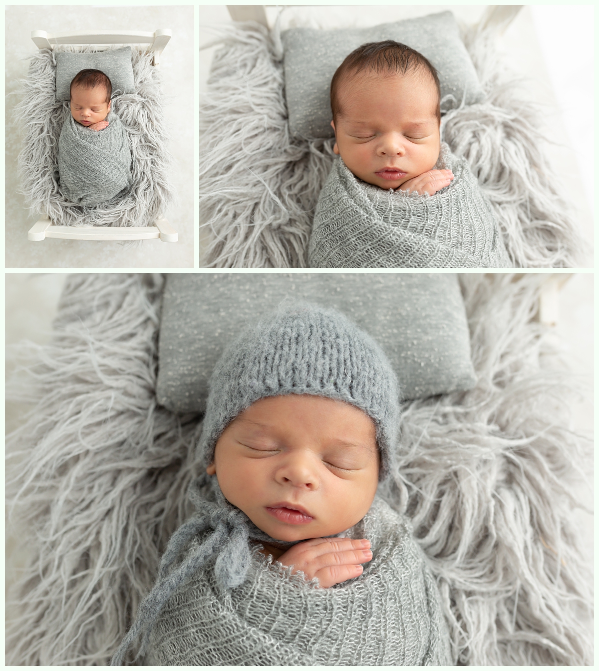 newborn boy in gray bonnet and swaddle